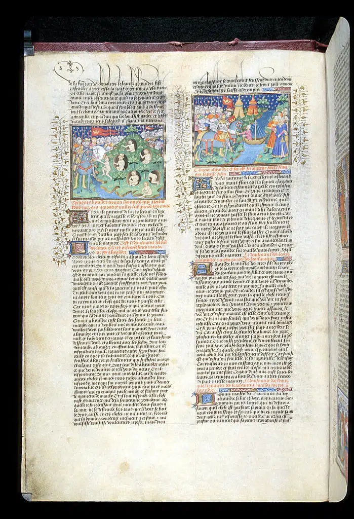 Σελίδα μεσαιωνικού χειρογράφου με έγχρωμες μικρογραφίες, όπου απεικονίζονται ο Μέγας Αλέξανδρος και οι γυμνοσοφιστές της Ινδίας.