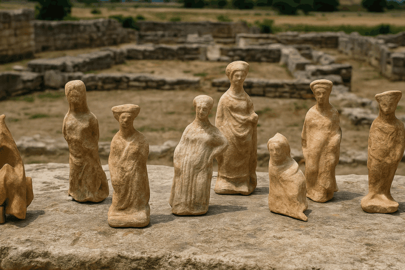 Πήλινα γυναικεία ειδώλια της αρχαίας Αμφίπολης με φόντο τα ερείπια του λατρευτικού κέντρου της Άρτεμης Ταυροπόλου.