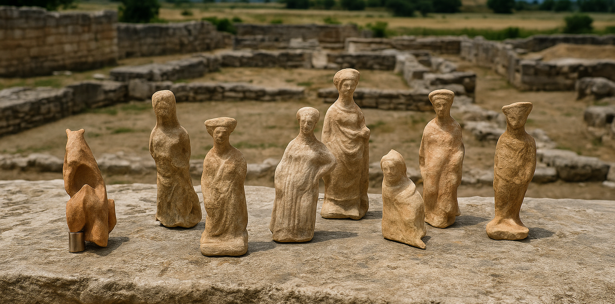 Πήλινα γυναικεία ειδώλια της αρχαίας Αμφίπολης με φόντο τα ερείπια του λατρευτικού κέντρου της Άρτεμης Ταυροπόλου.