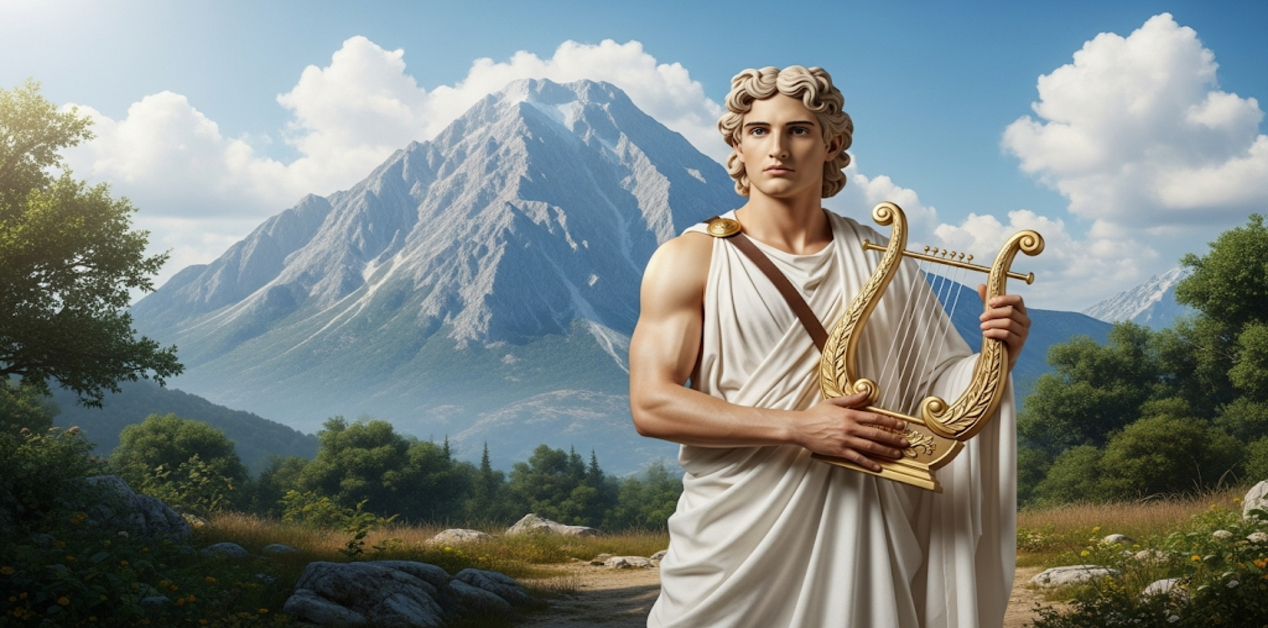 Ο Απόλλωνας, θεός της μουσικής και του φωτός, με τη χρυσή του λύρα, αγναντεύει τον Όλυμπο.