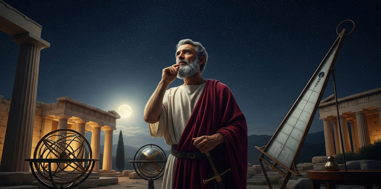 Απεικόνιση όπου ο Αρίσταρχος ο Σάμιος, ένας ηλικιωμένος άνδρας με γενειάδα και αρχαία Ελληνική ενδυμασία, να κοιτάζει σκεπτικός τον έναστρο ουρανό. Βρίσκεται σε εξωτερικό αρχαίο ελληνικό χώρο, με κολώνες και αστρονομικά όργανα όπως μια αρμοσφαιρική σφαίρα και έναν μεγάλο γνώμονα γύρω του.