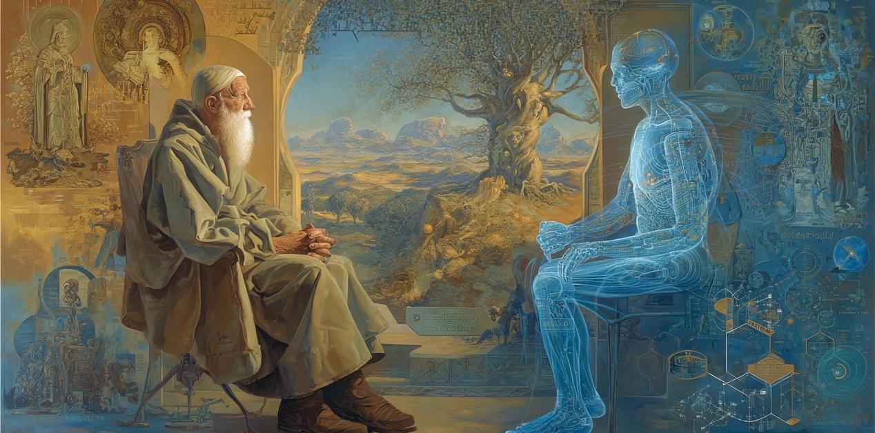 Αρχαίος φιλόσοφος και διαφανής, σύγχρονη ανθρώπινη μορφή συζητούν για τη ζωή και τον θάνατο, μπροστά σε τοπίο με δέντρο της ζωής και σύμβολα θρησκείας και επιστήμης.