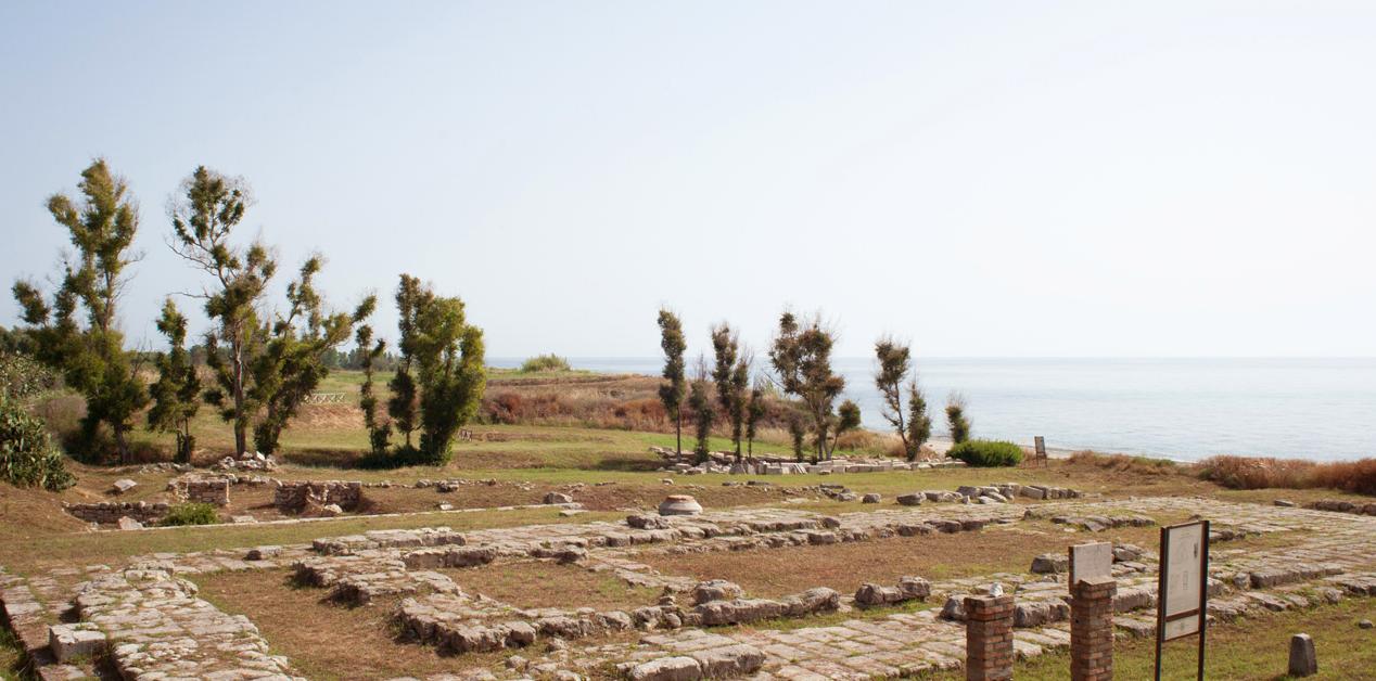 Αρχαιολογικός χώρος στη νότια Ιταλία με θεμέλια αρχαίας κατασκευής στο έδαφος, αραιά δέντρα και τη θάλασσα στο βάθος.
