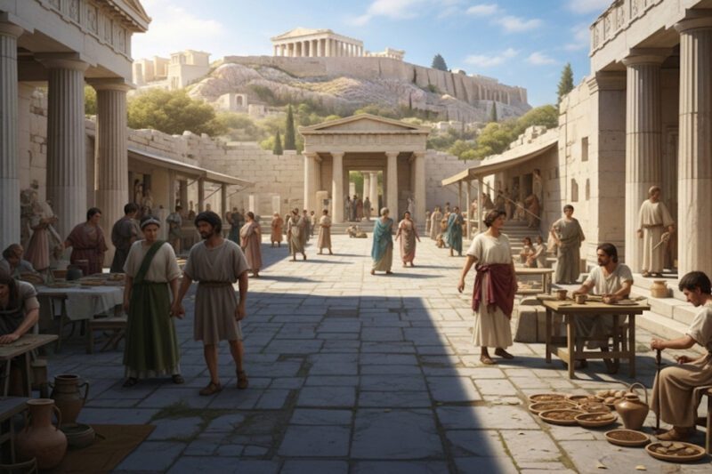 Μια οριζόντια εικόνα που δείχνει την Αρχαία Αγορά της Αθήνας γεμάτη δραστηριότητα, με ανθρώπους να περπατούν, να συζητούν και να ασχολούνται με εμπορικές συναλλαγές. Στο βάθος διακρίνεται καθαρά η Ακρόπολη με τον Παρθενώνα. Η σκηνή είναι φωτισμένη από τον ήλιο, αναδεικνύοντας την αρχιτεκτονική των κτιρίων και τη ζωντάνια της αγοράς.