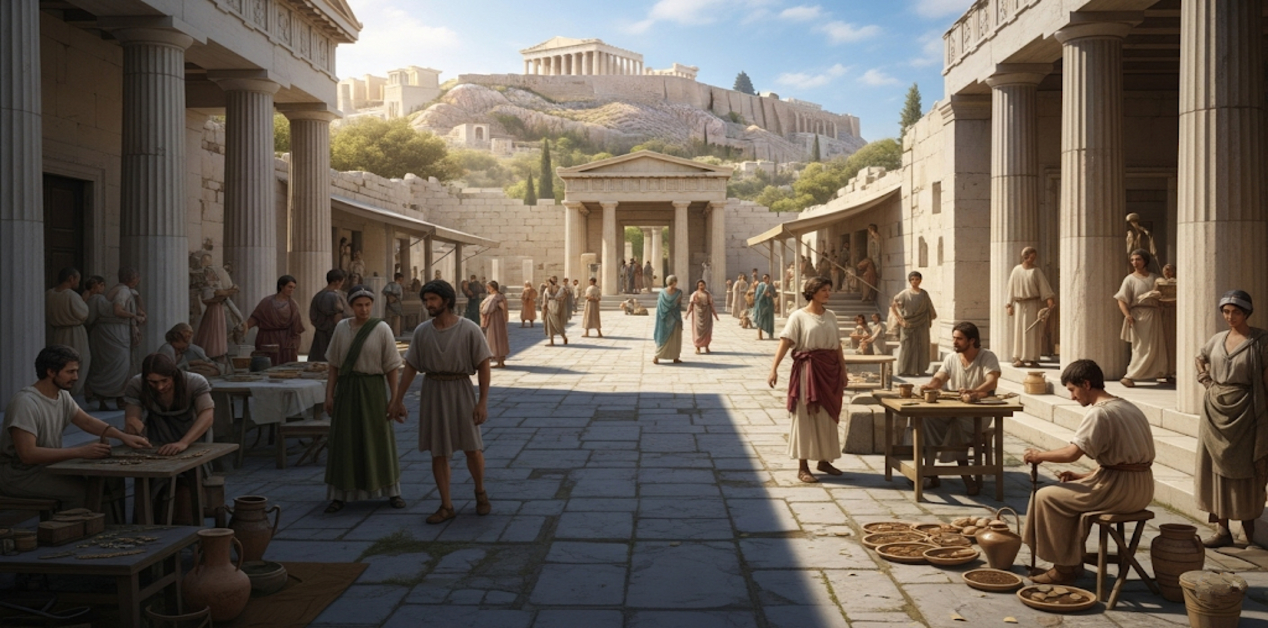 Μια οριζόντια εικόνα που δείχνει την Αρχαία Αγορά της Αθήνας γεμάτη δραστηριότητα, με ανθρώπους να περπατούν, να συζητούν και να ασχολούνται με εμπορικές συναλλαγές. Στο βάθος διακρίνεται καθαρά η Ακρόπολη με τον Παρθενώνα. Η σκηνή είναι φωτισμένη από τον ήλιο, αναδεικνύοντας την αρχιτεκτονική των κτιρίων και τη ζωντάνια της αγοράς.