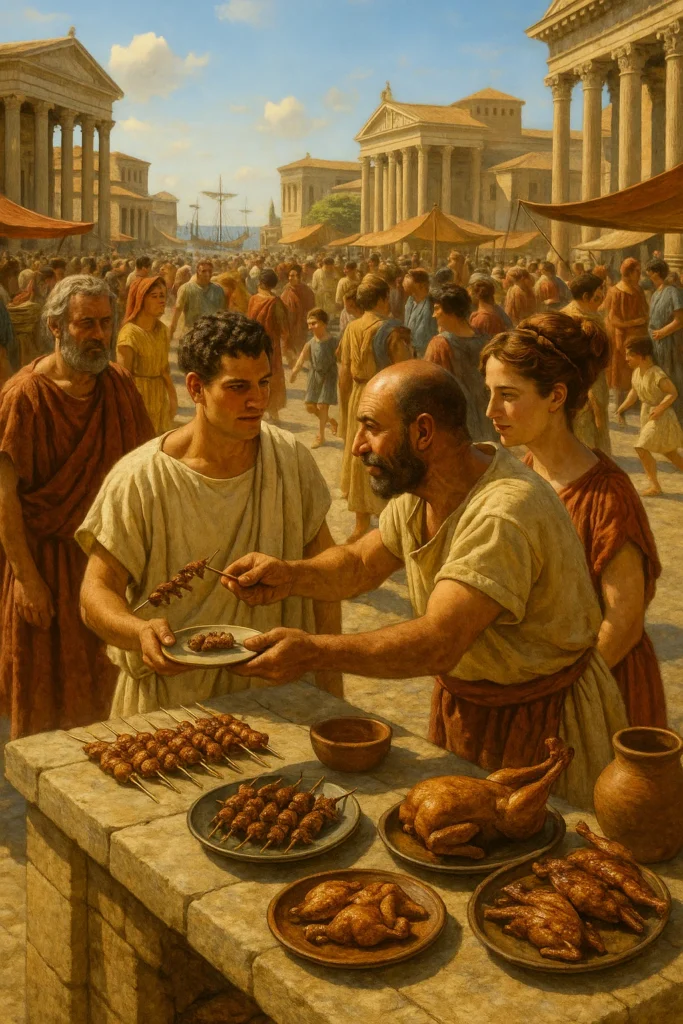 Ρωμαϊκή street food αγορά στην αρχαία Pollentia της Μαγιόρκα, με πλήθος πολιτών, πωλητή που σερβίρει ψητά πουλιά σε ξυλάκια και ποικιλία εδεσμάτων πάνω σε πέτρινο πάγκο, με φόντο ρωμαϊκά κτίρια και λιμάνι.