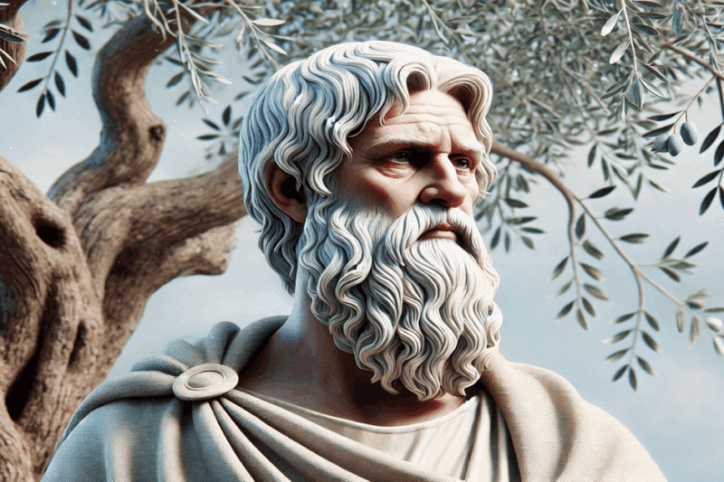 Σόλων ο Αθηναίος, ηλικιωμένος φιλόσοφος με λευκή γενειάδα, στέκεται μπροστά σε αιωνόβια ελιά. Κλασικό ελληνικό στυλ.