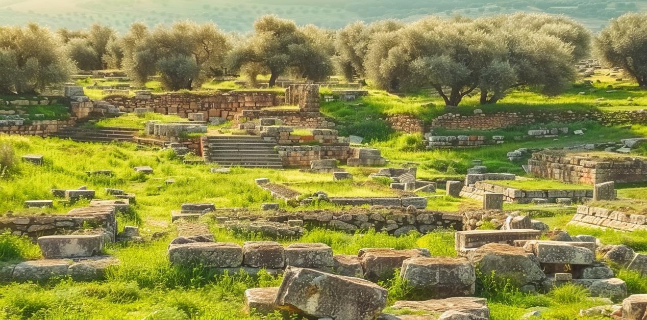 Ερείπια αρχαίου κτηρίου στη Σπάρτη, με πέτρινες βάσεις και σκαλοπάτια ανάμεσα σε πράσινο χορτάρι και ελαιόδεντρα, κάτω από απαλό φως.