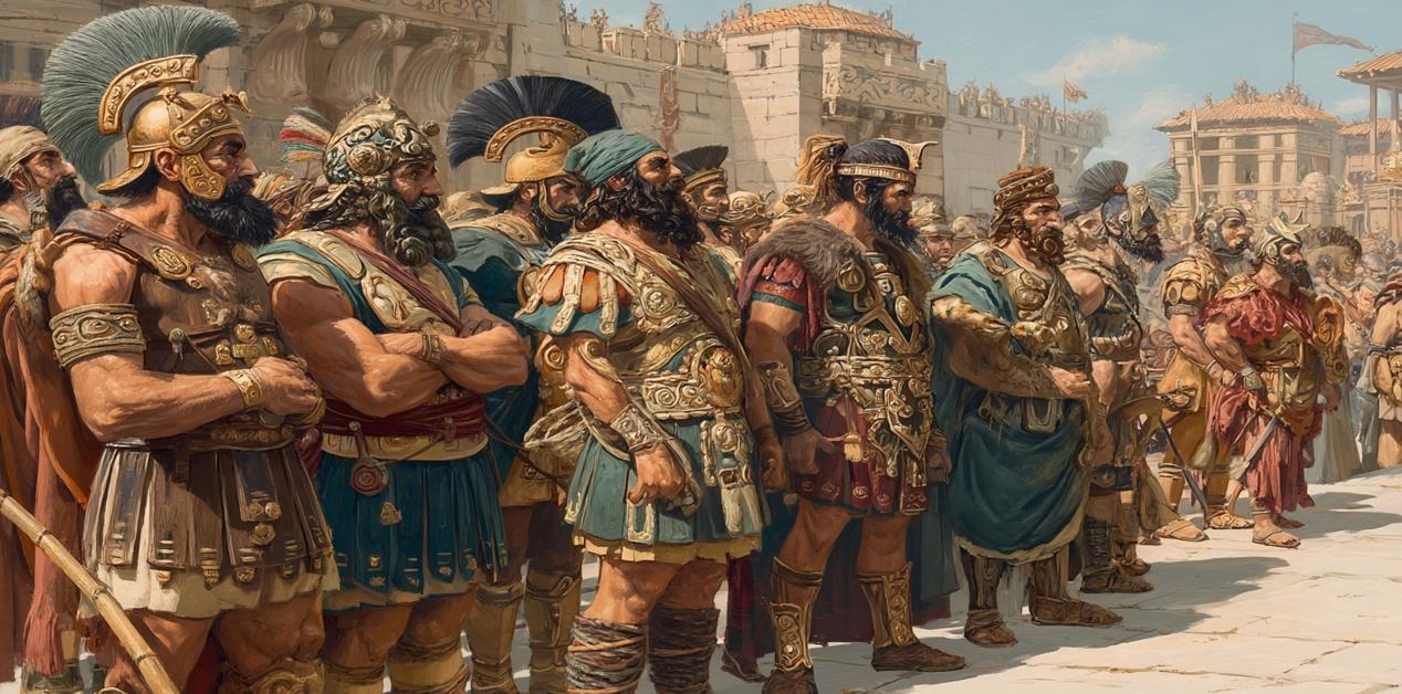 Γιατί οι Έλληνες αποκαλούσαν βάρβαρους τους άλλους λαούς – Αναπαράσταση αρχαίων βαρβάρων και Ελλήνων με διαφορετικές ενδυμασίες μπροστά σε ελληνική πόλη