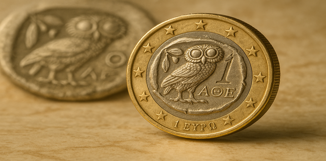 Ρεαλιστική, λεπτομερής απεικόνιση του ελληνικού νομίσματος 1 ευρώ, με έντονη την κουκουβάγια της Αθηνάς στο προσκήνιο και διακριτικά στο φόντο ένα αρχαίο ασημένιο τετράδραχμο με το ίδιο σύμβολο και κλαδί ελιάς, σε φυσικό ζεστό φως και υφή μαρμάρου.