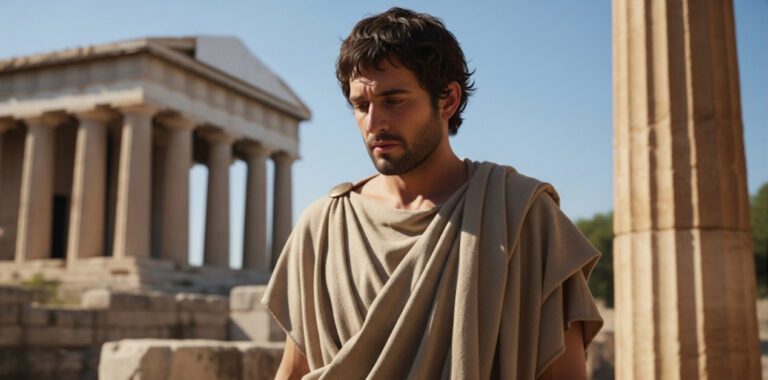 Ευφυΐα και Μελαγχολία: Η Σύνδεση των Αρχαίων Ελλήνων: Πορτρέτο ενός αρχαίου Έλληνα άνδρα με σκεπτική ή μελαγχολική έκφραση, ντυμένου με χιτώνα, μπροστά από ερείπια αρχαίου ναού κάτω από γαλάζιο ουρανό.