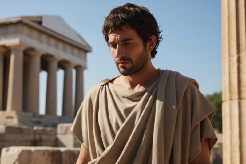 Ευφυΐα και Μελαγχολία: Η Σύνδεση των Αρχαίων Ελλήνων: Πορτρέτο ενός αρχαίου Έλληνα άνδρα με σκεπτική ή μελαγχολική έκφραση, ντυμένου με χιτώνα, μπροστά από ερείπια αρχαίου ναού κάτω από γαλάζιο ουρανό.