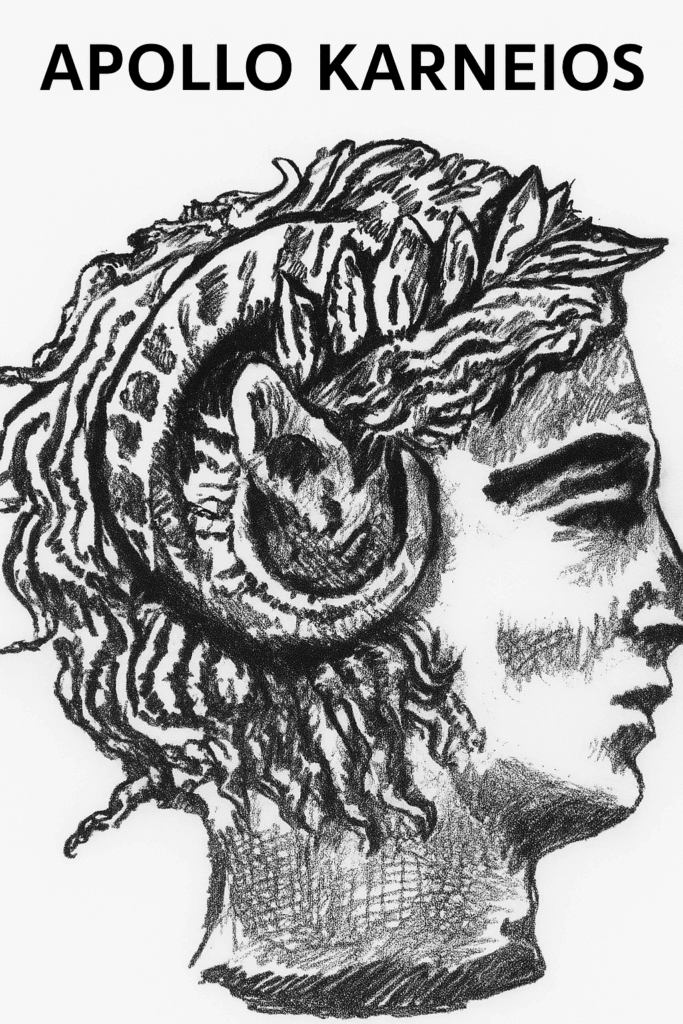 Ασπρόμαυρο σχέδιο της κεφαλής του Απόλλωνα Καρνείου με κλαδιά και κέρατα κριαριού στα μαλλιά του, εμπνευσμένο από αρχαία ελληνική τέχνη. Στο πάνω μέρος διακρίνεται η φράση "APOLLO KARNEIOS" με κεφαλαία γράμματα.