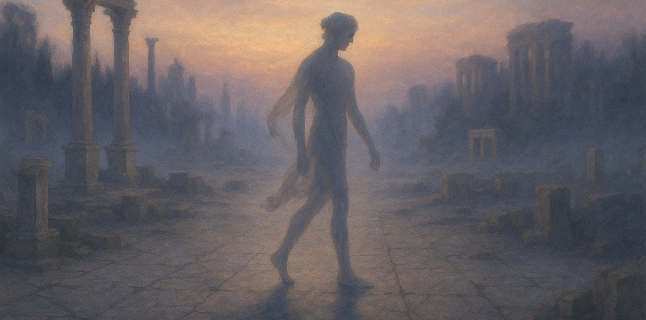 Αέρινη ανθρώπινη φιγούρα περπατάει μόνη σε αρχαίο μαρμάρινο τοπίο, ανάμεσα σε ερείπια και στήλες, στο λυκόφως. Η σκιά της εκτείνεται στο λιθόστρωτο, ενώ η ατμόσφαιρα είναι ονειρική και φιλοσοφική, συμβολίζοντας το εφήμερο της ύπαρξης.