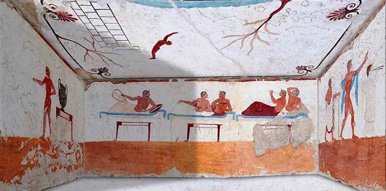 Αρχαία τοιχογραφία με σκηνή συμποσίου από τον Τάφο του Δυτή στην Ποσειδωνία (Paestum), 470 π.Χ.