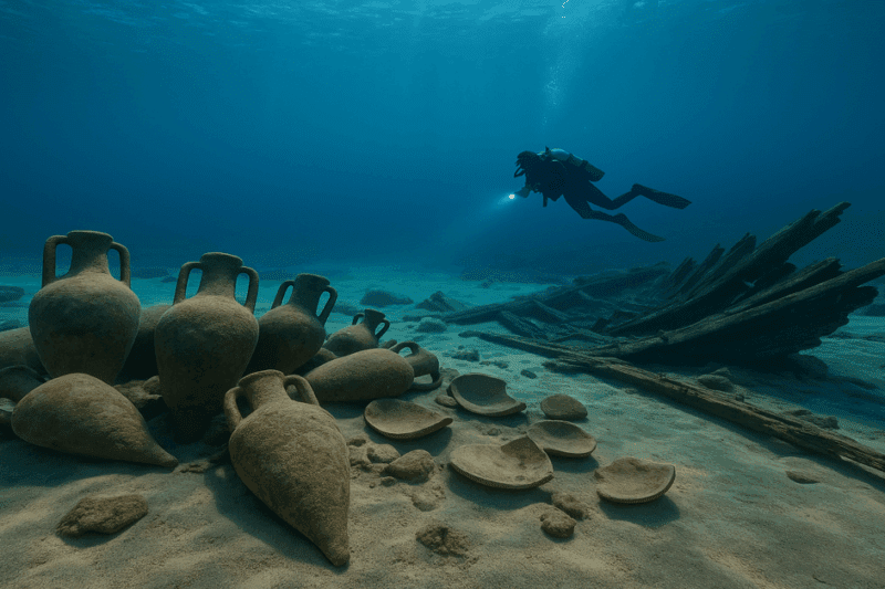 Αρχαίοι αμφορείς και κεραμικά στον βυθό των Φούρνων Ικαρίας, πλάι σε ξύλινα υπολείμματα αρχαίου ναυαγίου. Στο βάθος, ένας δύτης εξερευνά το ναυάγιο με φακό, μέσα σε διάφανα νερά του Αιγαίου.