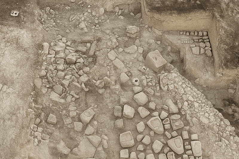 Αεροφωτογραφία του αρχαιολογικού χώρου της Φραγγίσσας στην Κύπρο, με εμφανή διάσπαρτα θεμέλια, πέτρες και βάσεις αγαλμάτων του Ιερού του Απόλλωνα.