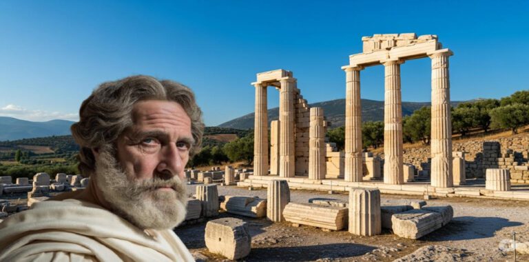 Γοργίας ο Λεοντίνος μπροστά σε αρχαίο ελληνικό ναό με κίονες, σε φυσικό τοπίο.