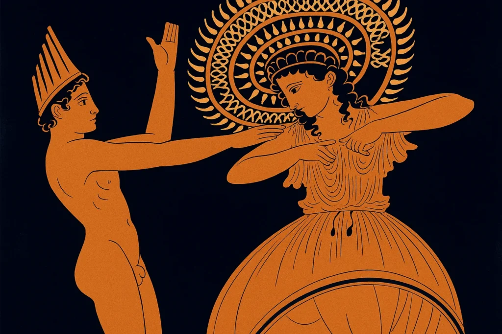 Αρχαία ελληνική αγγειογραφία που απεικονίζει δύο μορφές σε τελετουργική ή χορευτική σκηνή, με χαρακτηριστικά ενδυμασίας και διακόσμησης.