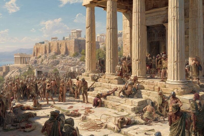 Αναπαράσταση του Κυλώνειου άγους στην Αθήνα. Οπαδοί του Κύλωνα αναζητούν άσυλο στην Ακρόπολη, περικυκλωμένοι από Αθηναίους.
