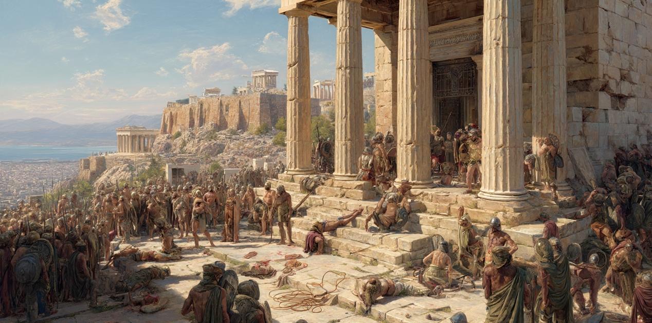 Αναπαράσταση του Κυλώνειου άγους στην Αθήνα. Οπαδοί του Κύλωνα αναζητούν άσυλο στην Ακρόπολη, περικυκλωμένοι από Αθηναίους.