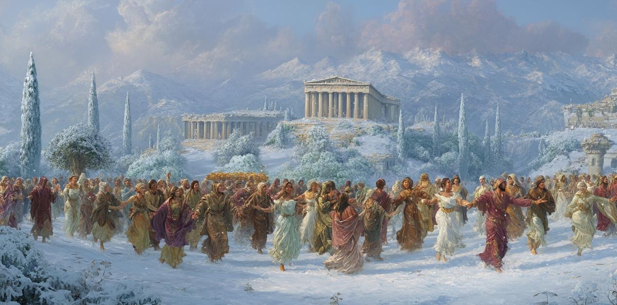 Χειμερινή απεικόνιση της Μαιμακτήρια γιορτής στην Αθήνα, με ρεαλιστικούς Αθηναίους να χορεύουν μπροστά από τον Παρθενώνα και χιονισμένο τοπίο.
