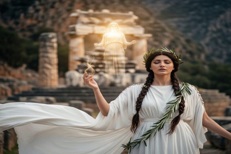 Η Πυθία στο Μαντείο των Δελφών, με φόντο τα επιβλητικά ερείπια του ναού του Απόλλωνα.