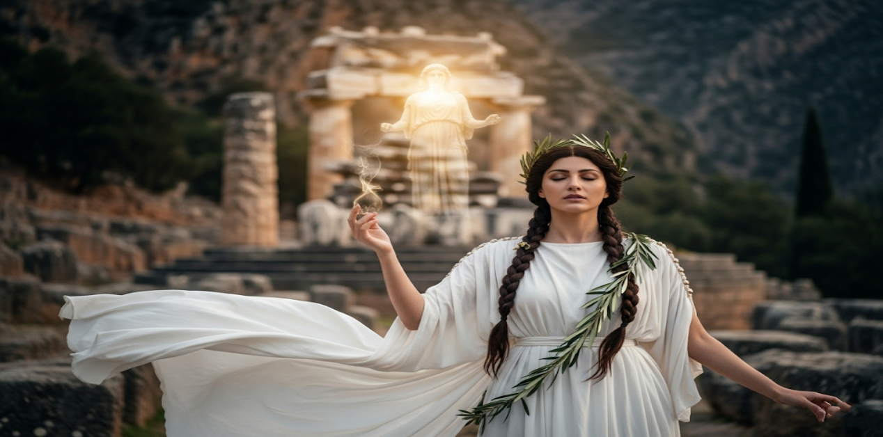 Η Πυθία στο Μαντείο των Δελφών, με φόντο τα επιβλητικά ερείπια του ναού του Απόλλωνα.