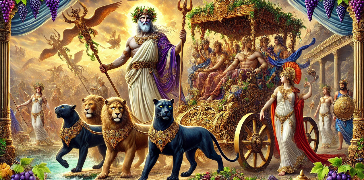 Επιβλητική μυθολογική σκηνή με θεούς και θεές της αρχαίας Ελλάδας, άρμα με λιοντάρια και πάνθηρες, πολυτελή στολίδια και ατμοσφαιρικό φως, εμπνευσμένη από τα Διονυσιακά.