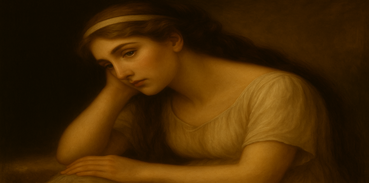 Μελαγχολικό πορτρέτο αρχαίας Ελληνίδας, με γερμένο κεφάλι και στοχαστικό βλέμμα, σε ύφος κλασικής ελαιογραφίας.