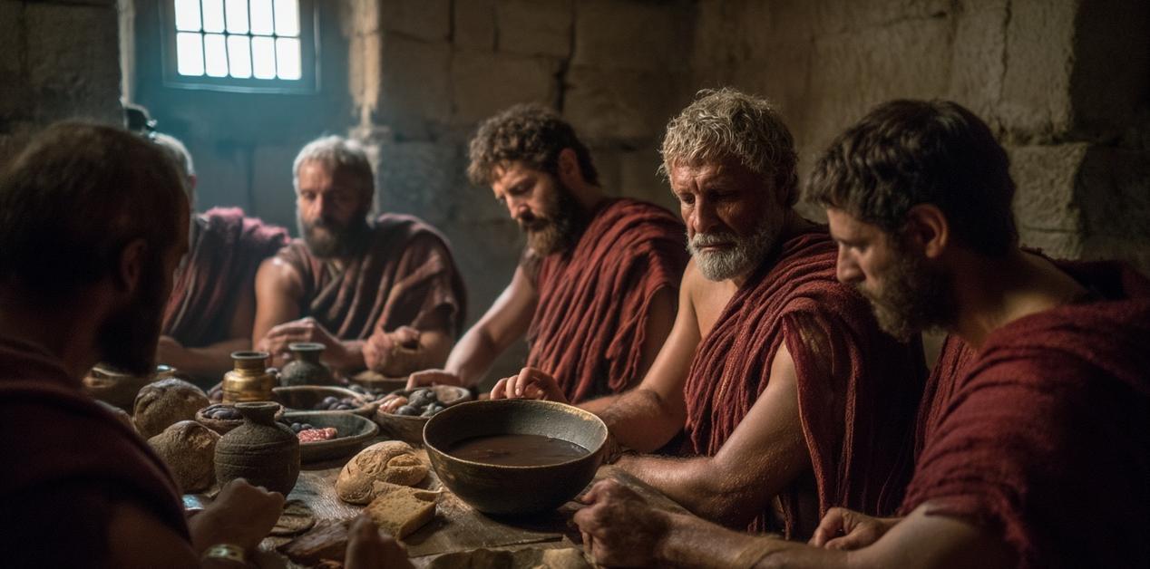 Αναπαράσταση σπαρτιατικού συσσιτίου με μέλανα ζωμό. Αρχαίοι Σπαρτιάτες πολεμιστές τρώνε μαζί γύρω από λιτό τραπέζι, με ψωμί και αγγεία, σε πέτρινη αίθουσα με αυστηρή ατμόσφαιρα.