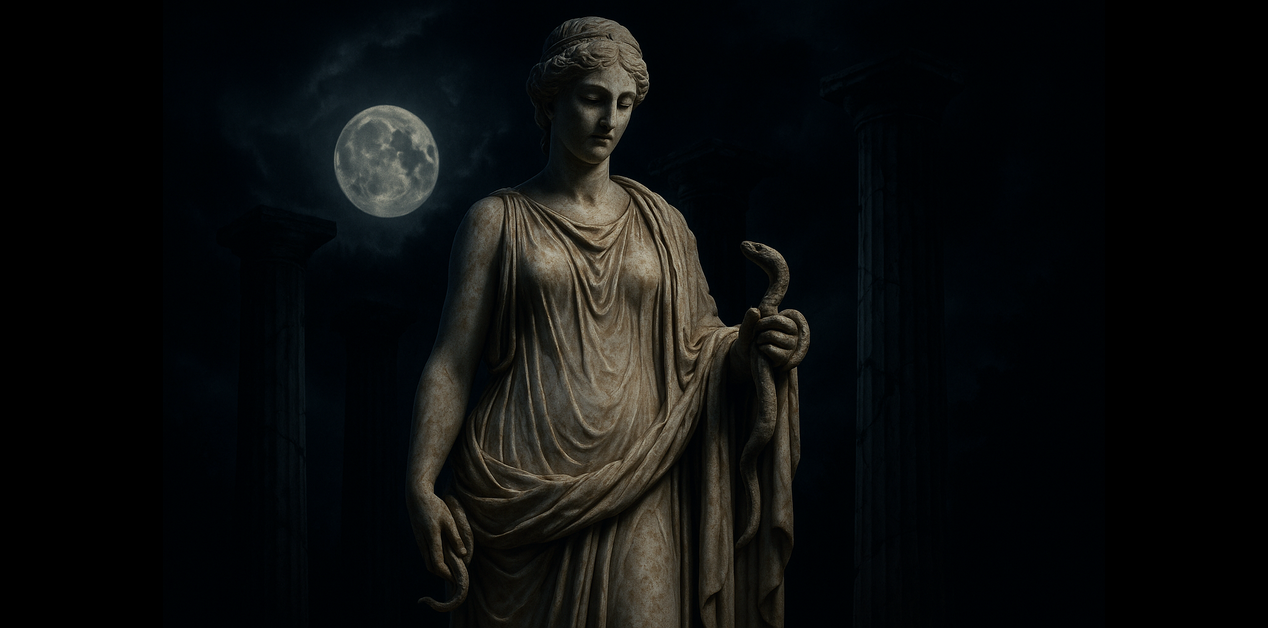 Μαρμάρινο άγαλμα της θεάς Μηλινόης που κρατάει φίδι, στέκεται σε σκιερό προαύλιο ναού με στήλες· στο βάθος διακρίνεται λαμπερή πανσέληνος στον νυχτερινό ουρανό.