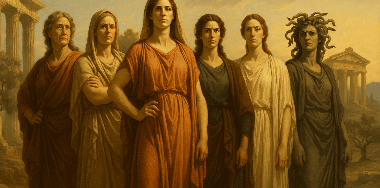 Δυναμικές γυναίκες της ελληνικής μυθολογίας – Γαία, Ρέα, Δήμητρα, Αντιγόνη, Μήδεια, Λυσιστράτη και Μέδουσα – στέκονται ενωμένες και αποφασισμένες, με φόντο αρχαίους ναούς και κολώνες, σύμβολα αντίστασης και θάρρους.