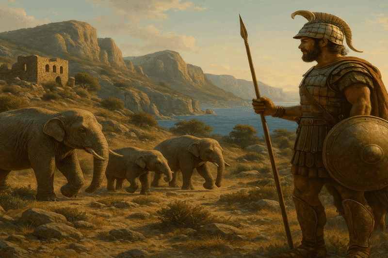Μυκηναίος πολεμιστής με ασπίδα και δόρυ κοιτάζει μια ομάδα νάνων ελεφάντων σε βραχώδες αιγαιακό τοπίο με αρχαία ερείπια και θάλασσα στο βάθος.