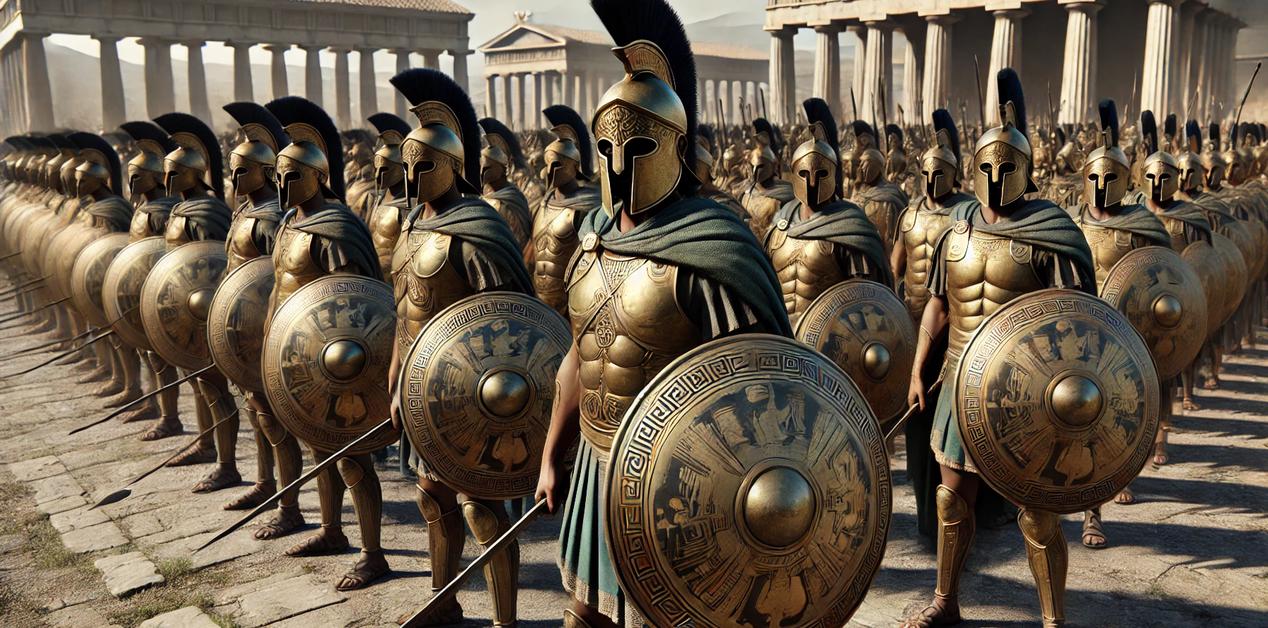 Οπλίτες της αρχαίας Ελλάδας σε παράταξη φάλαγγας, με χάλκινα κράνη, ασπίδες και θώρακες, μπροστά από αρχαίους ναούς με κίονες.