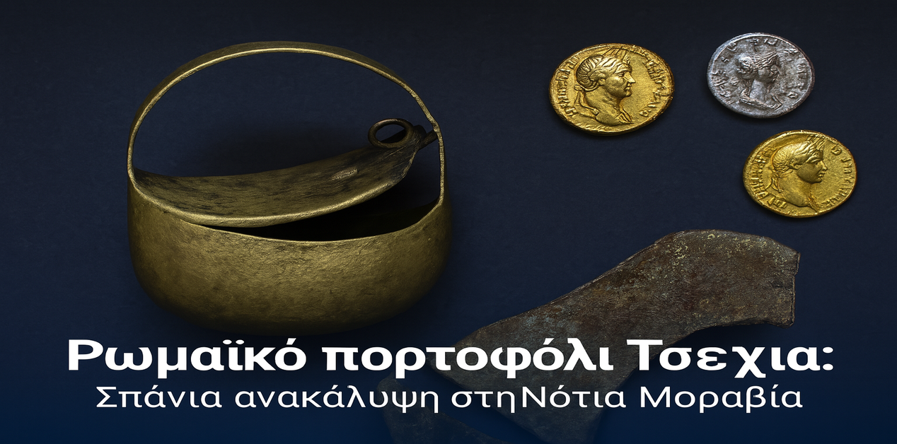 Αναπαράσταση ρωμαϊκού πορτοφολιού με χρυσά και ασημένια νομίσματα, ανακαλυμμένα στη Νότια Μοραβία της Τσεχίας.