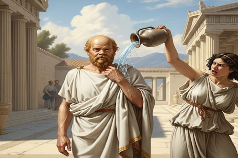 Η εικόνα απεικονίζει μια εμβληματική στιγμή από τη ζωή του Σωκράτη και της Ξανθίππης, τοποθετημένη σε ένα αρχαίο αθηναϊκό σκηνικό με επιβλητικά κτίρια και κίονες στο φόντο.
