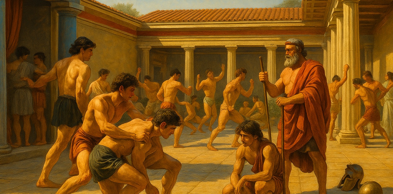 Νέοι Σπαρτιάτες γυμνάζονται στην αυλή της αγωγής, με εκπαιδευτή να τους επιβλέπει και αρχαιοελληνική αρχιτεκτονική στο φόντο.