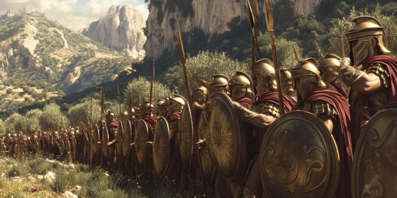 Ψηφιακή απεικόνιση αρχαίων Σπαρτιατών οπλιτών σε φάλαγγα με χάλκινες ασπίδες και κράνη, που στέκονται στρατιωτικά σε ορεινό τοπίο με καταπράσινη βλάστηση και βράχια στο φόντο.