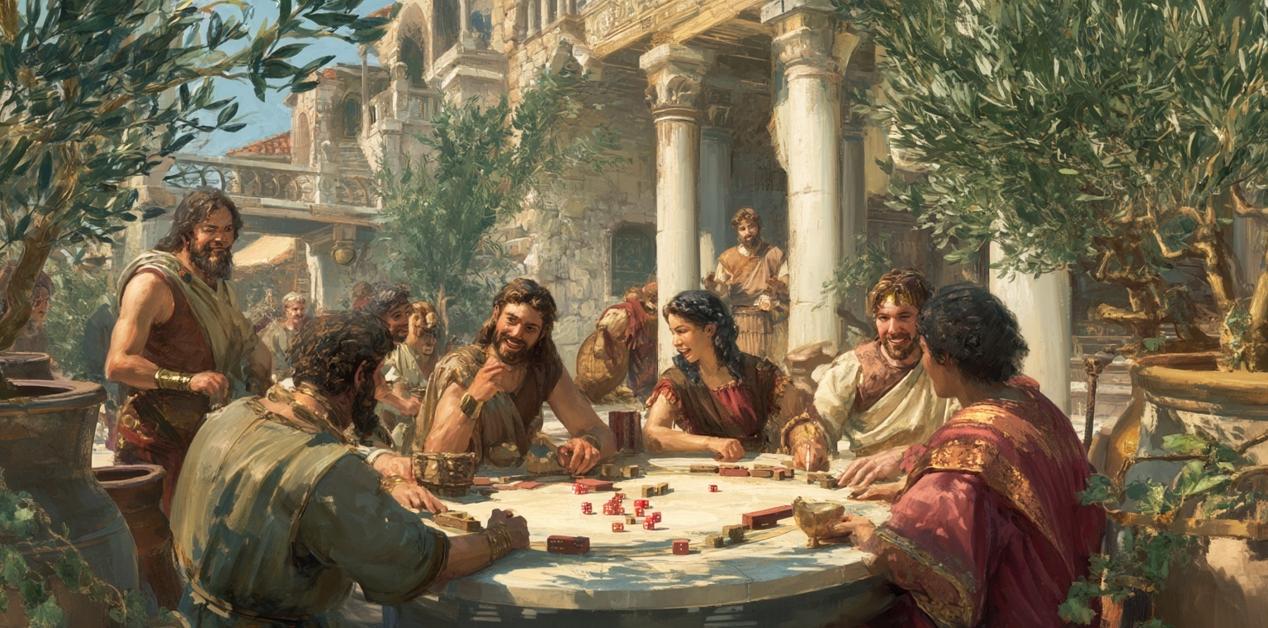 Αρχαίοι Έλληνες άντρες και γυναίκες παίζουν τυχερά παιχνίδια γύρω από τραπέζι σε αυλή με κίονες και ελαιόδεντρα.