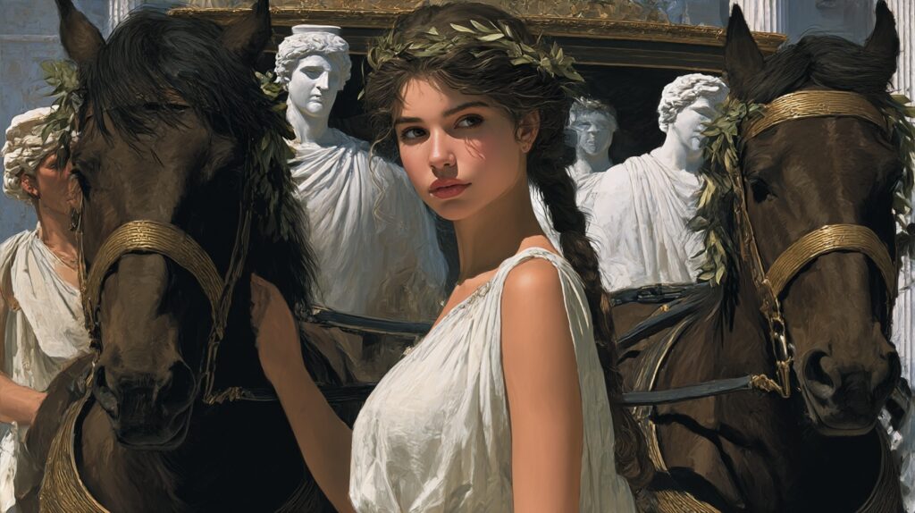 Νεαρή Κυνίσκα της Σπάρτης μπροστά σε άρμα με τέσσερα άλογα, στεφανωμένη με φύλλα ελιάς, με φόντο αγάλματα και αρχαίο ναό. Η εικόνα αποδίδει την πρώτη γυναίκα Ολυμπιονίκη σε νεαρή ηλικία, με ήρεμη αλλά αποφασιστική έκφραση.