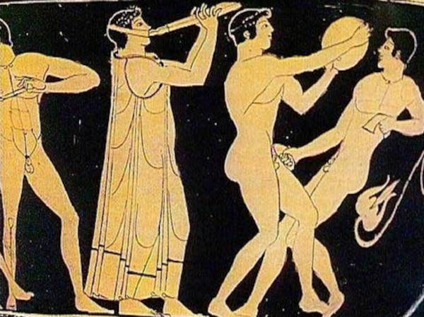 Αρχαία ελληνική αγγειογραφία που απεικονίζει αθλητές να παίζουν με μπάλα υπό τη συνοδεία μουσικής από αυλητή.