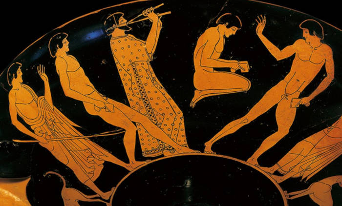 Αρχαία ελληνική αγγειογραφία με αθλητές που γυμνάζονται υπό τη συνοδεία μουσικής από αυλητή.