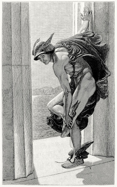 Απεικόνιση του Ερμή, θεού της ελληνικής μυθολογίας, με φτερωτό καπέλο και σανδάλια, έτοιμος να αναχωρήσει από έναν μαρμάρινο ναό με φόντο τη θάλασσα.