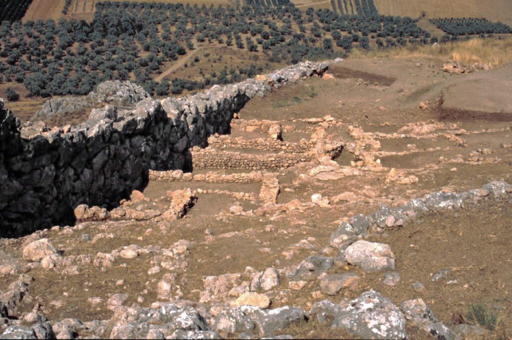 Αρχαία κυκλώπεια τείχη και θεμέλια κτηρίων της Μυκηναϊκής ακρόπολης της Μιδέας με φόντο ελαιώνες στην Αργολίδα.
