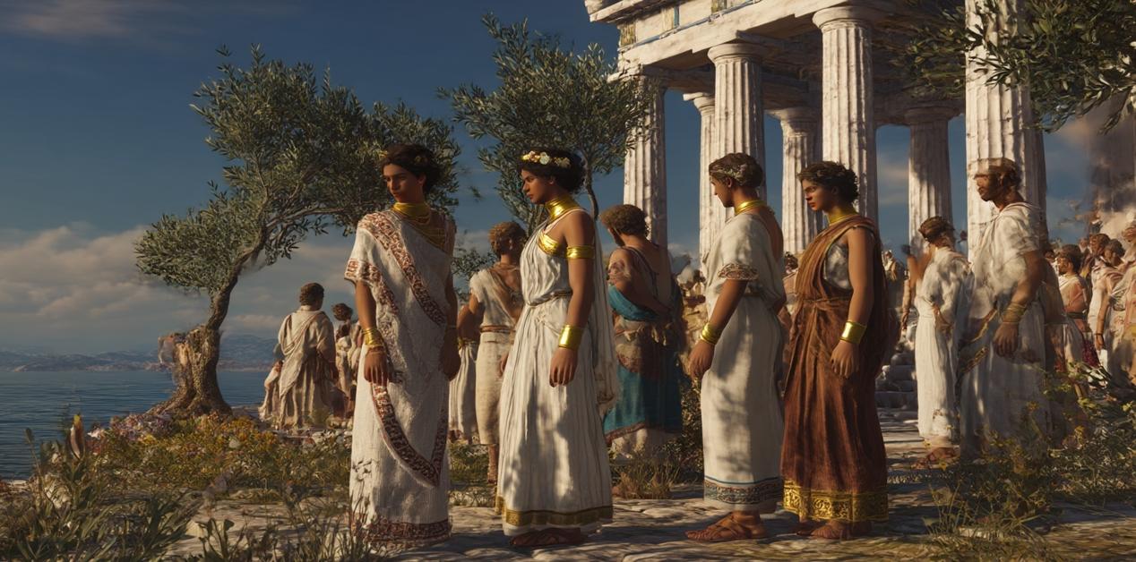 Γιορτινή σκηνή με γυναίκες και άνδρες σε αρχαία ελληνική ενδυμασία, μπροστά από δωρικές στήλες, με φόντο τη θάλασσα και ελαιόδεντρα.