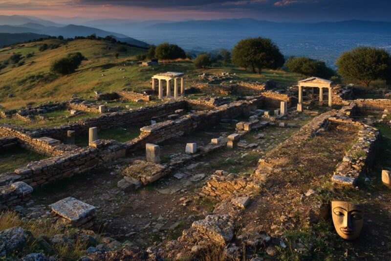 Αρχαιολογικός χώρος της αρχαίας Λητής στη Μακεδονία, με ερείπια ναών και θεατρικά προσωπεία στο πρώτο πλάνο, σε φυσικό τοπίο με λόφους και κοιλάδα.