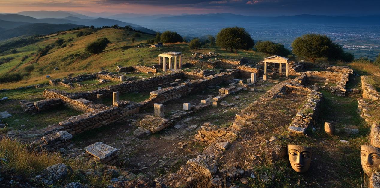 Αρχαιολογικός χώρος της αρχαίας Λητής στη Μακεδονία, με ερείπια ναών και θεατρικά προσωπεία στο πρώτο πλάνο, σε φυσικό τοπίο με λόφους και κοιλάδα.
