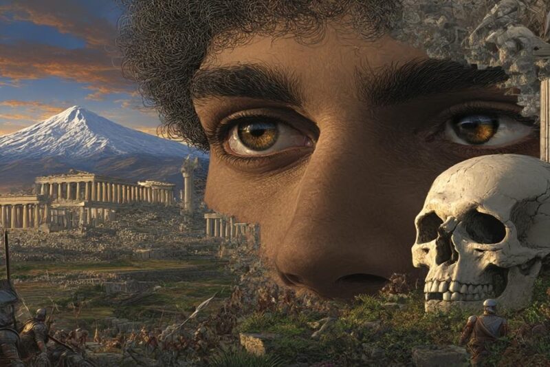 Αρχαία ελληνική μυθολογία, Όλυμπος, Κύκλωπας, αρχαιολογικά ερείπια και πολεμιστές υπό το φως της ανατολής.