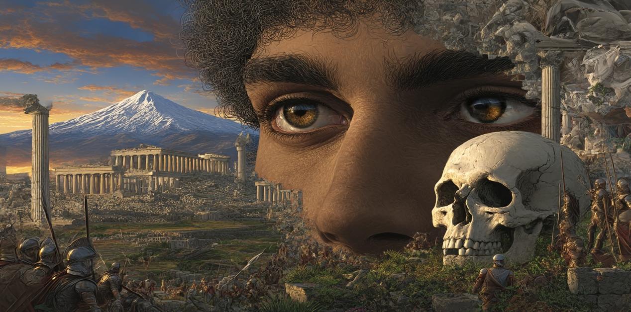 Αρχαία ελληνική μυθολογία, Όλυμπος, Κύκλωπας, αρχαιολογικά ερείπια και πολεμιστές υπό το φως της ανατολής.